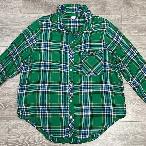 Aerie Green Plaid Flannel Boyfriend Sleep Casual Button Down Top L - Picture 3 of 16